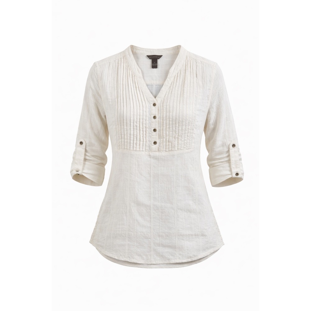 Bit & Bridle Off White Cotton Pintuck Henley Roll Tab Sleeve Blouse Medium top